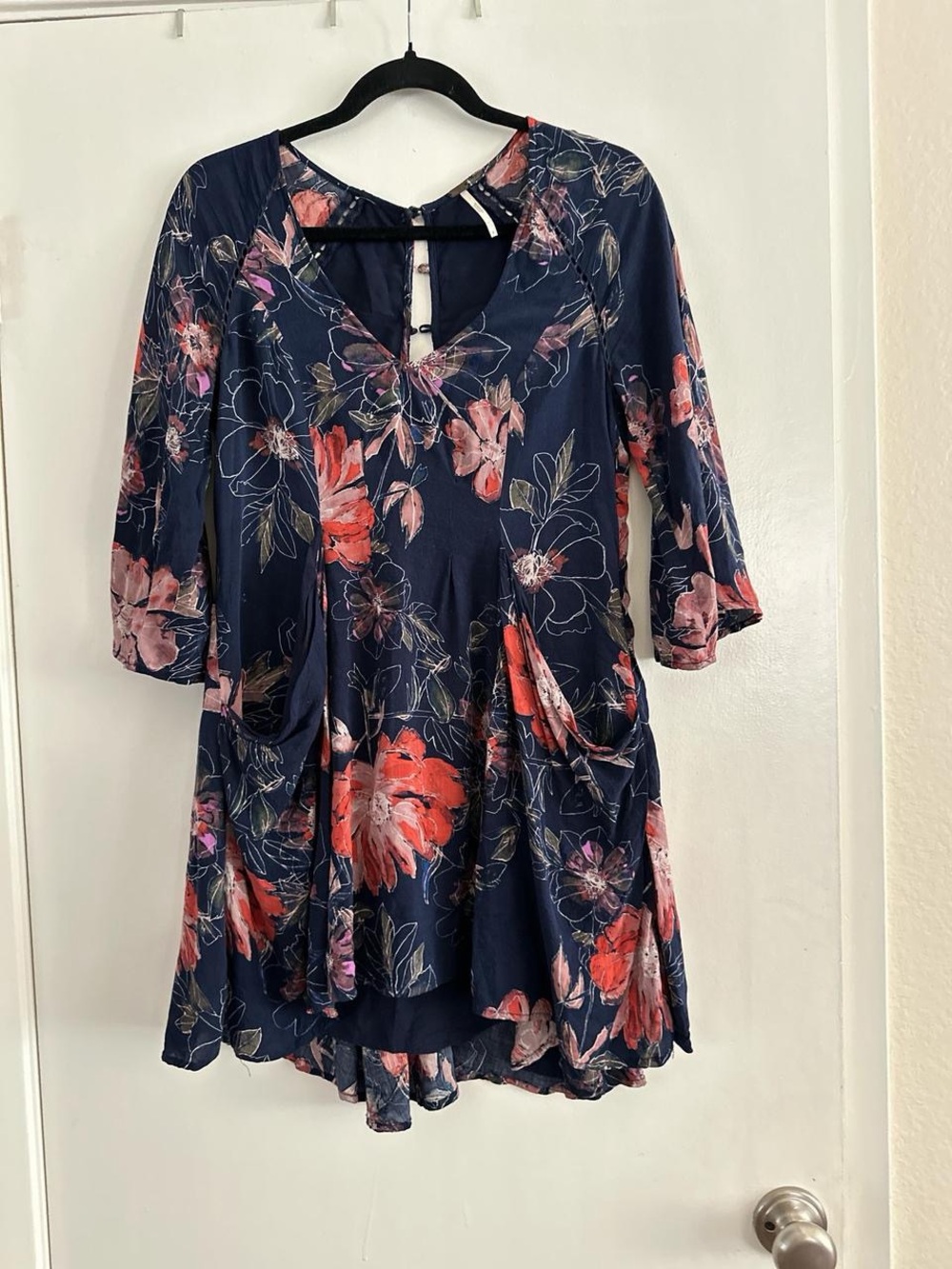 Free People Navy Floral Keyhole Blouse with Pink & Coral Accents